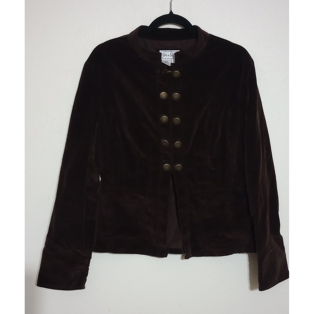 Live a Little Brown Velvet Military Jacket Mandarin Collar Brass Button Blazer L